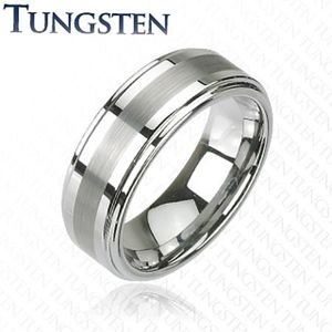 Prsten z wolframu v tmavě šedém lesklém odstínu, broušený středový pás, 8 mm - Velikost: 61