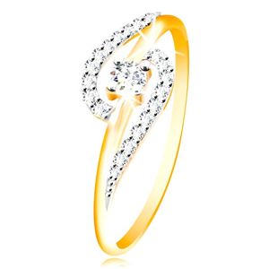 Prsten ze 14K zlata - čiré zirkonové oblouky, větší kulatý zirkon uprostřed - Velikost: 60