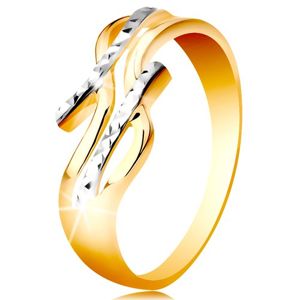 Prsten ze 14K zlata - dvoubarevná, rozdělená a zvlněná ramena, blýskavé zářezy - Velikost: 60