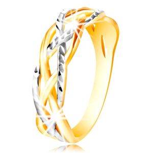 Prsten ze 14K zlata - dvoubarevné, zvlněné a propletené linie, zářezy - Velikost: 58