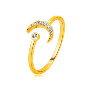 Prsten ze 14K zlata - měsíc ozdobený zirkony, kulatý zirkon v objímce, otevřená ramena - Velikost: 56
