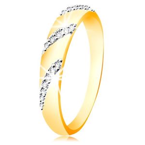 Prsten ze 14K zlata se zaobleným povrchem a šikmými liniemi zirkonů - Velikost: 52