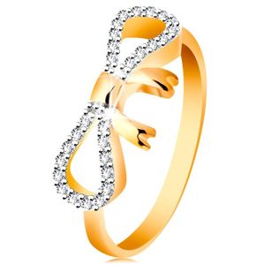 Prsten ze 14K zlata - zirkony a bílým zlatem zdobená mašlička, úzká ramena - Velikost: 51