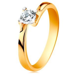 Prsten ze 14K zlata - zúžená ramena, blýskavý čirý zirkon v lesklém kotlíku - Velikost: 60