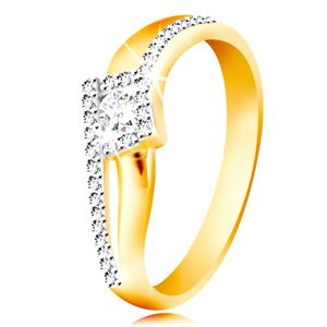 Prsten ze 14K zlata - zvlněná a rozdvojená ramena, kulatý zirkon v kosočtverci - Velikost: 51