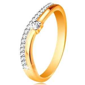 Prsten ze 14K zlata, zvlněná ramena s výřezem uprostřed a čiré zirkony - Velikost: 60