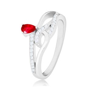 Prsten ze stříbra 925, červený slzičkovitý zirkon, zvlněné zirkonové linie - Velikost: 58