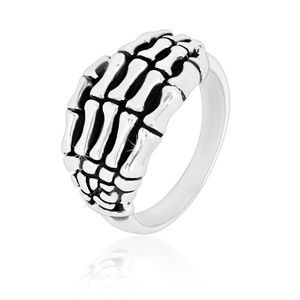 Prsten ze stříbra 925 - detailně tvarovaná kostra ruky, lesklá ramena, patina - Velikost: 54