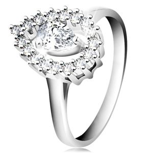 Prsten ze stříbra 925, kontura velké obrácené kapky s čirou slzičkou - Velikost: 59