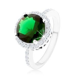Prsten ze stříbra 925, kulatý smaragdově zelený zirkon, čirý zirkonový lem - Velikost: 51