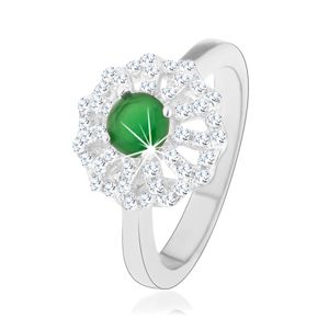 Prsten ze stříbra 925, květ s obrysy čirých lupínků, zelený zirkonový střed - Velikost: 49