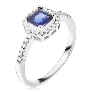 Prsten ze stříbra 925, modrý čtvercový kamínek, zirkonový lem - Velikost: 55