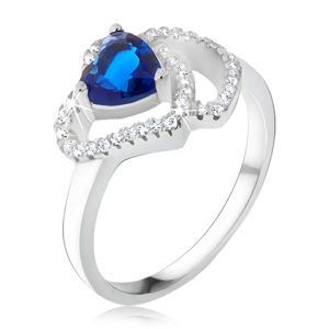 Prsten ze stříbra 925, modrý srdíčkovitý kámen, zirkonové obrysy srdcí - Velikost: 55