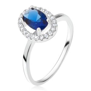 Prsten ze stříbra 925, oválný modrý kámen se zirkonovým rámem - Velikost: 64