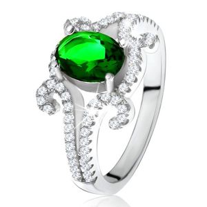Prsten ze stříbra 925, oválný zelený kámen, zatočená zirkonová ramena - Velikost: 52
