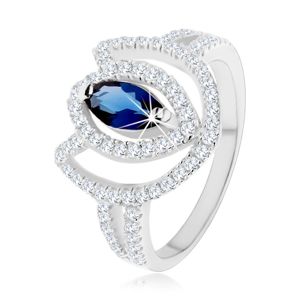 Prsten ze stříbra 925, třpytivý obrys tulipánu s modrým zirkonovým zrnkem - Velikost: 50