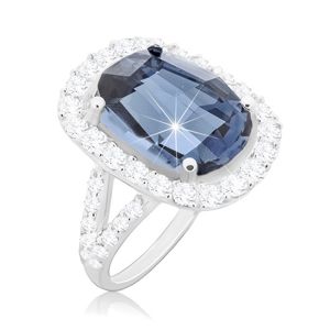 Prsten ze stříbra 925, velký broušený zirkon modré barvy s čirou obrubou - Velikost: 49