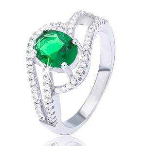 Prsten ze stříbra 925, zdvojená zirkonová vlnka, oválný zelený kamínek - Velikost: 59
