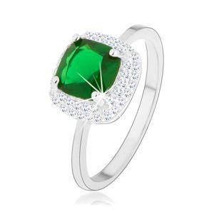 Prsten ze stříbra 925, zelený broušený zirkon - čtverec, třpytivý lem - Velikost: 55
