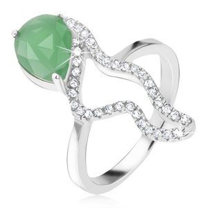 Prsten ze stříbra 925 - zelený slzičkový kámen, zirkonová zvlněná linie - Velikost: 49