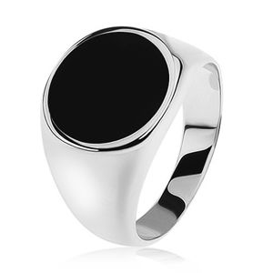 Prsten ze stříbra 925, zrcadlově lesklá ramena, černý glazovaný kruh - Velikost: 58