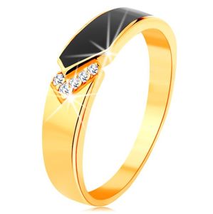 Prsten ze žlutého 14K zlata - černý glazovaný pás se špičkou, čiré zirkonky - Velikost: 51