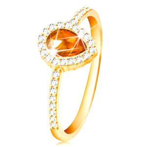 Prsten ze žlutého 14K zlata, kapka oranžové barvy s čirým zirkonovým lemem - Velikost: 60