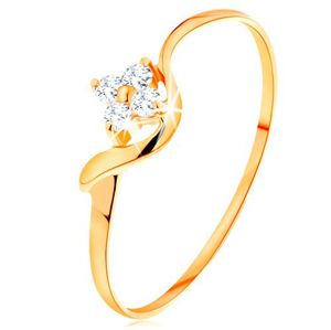 Prsten ze žlutého 14K zlata - kvítek z čirých diamantů, zvlněné rameno - Velikost: 54