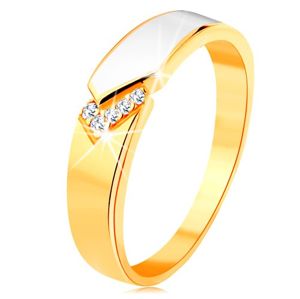 Prsten ze žlutého 14K zlata - lesklý pás bílé glazury, čiré zirkonky - Velikost: 51