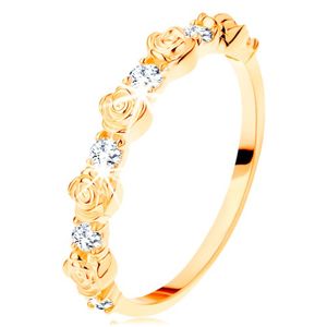 Prsten ze žlutého 14K zlata - střídající se růžičky a kulaté čiré zirkony - Velikost: 49