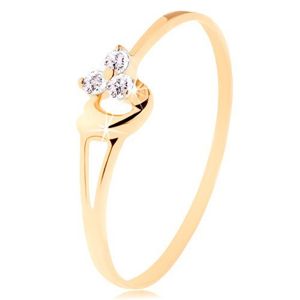 Prsten ze žlutého 14K zlata - tři diamanty v jemném růžovém odstínu, srdíčko - Velikost: 55
