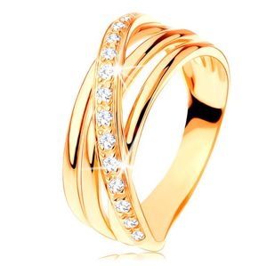 Prsten ze žlutého 14K zlata - tři hladké pásy, šikmá zirkonová linie - Velikost: 52