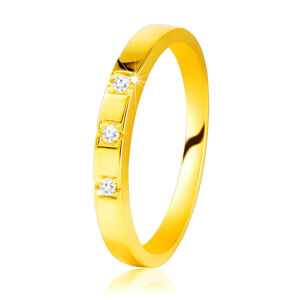 Prsten ze žlutého 585 zlata - lesklá ramena, tři třpytivé zirkony - Velikost: 58