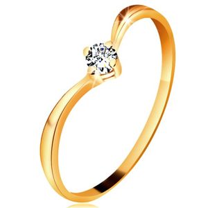 Prsten ze žlutého zlata 585 - lesklá zahnutá ramena, blýskavý čirý diamant - Velikost: 48