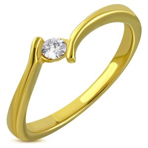 Prsten zlaté barvy z chirurgické oceli - zahnutá ramena, třpytivý zirkon - Velikost: 57