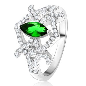 Prsten - zrníčkovitý zelený zirkon, zaoblené linie, čiré kamínky, stříbro 925 - Velikost: 49