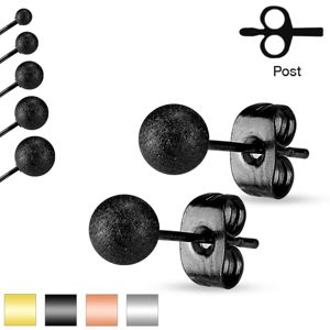 Puzetové náušnice, ocel 316L, pískované třpytivé kuličky, 4 mm - Barva: Černá