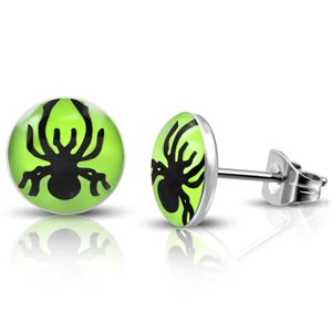 Puzetové náušnice z oceli - pavouček v zeleném kolečku