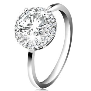 Rhodiovaný prsten, stříbro 925, kulatý zirkon čiré barvy, blýskavý lem - Velikost: 49