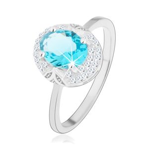 Rhodiovaný prsten, stříbro 925, světle modrý zirkonový ovál, výřezy - Velikost: 58