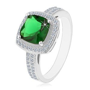 Rhodiovaný prsten, stříbro 925, zelený čtvercový zirkon a čirý zirkonový lem - Velikost: 54
