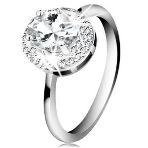Rhodiovaný prsten ze stříbra 925, velký čirý zirkonový ovál, lístečky - Velikost: 50