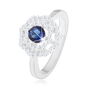 Rhodiovaný stříbrný prsten 925, slunce - modrý kulatý zirkon, dvojitý čirý lem - Velikost: 60