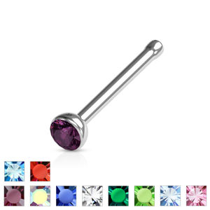 Rovný piercing do nosu z 316L oceli - barevný krystal v objímce, 0,8 mm - Barva zirkonu: Růžová - P