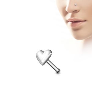 Rovný piercing do nosu ze stříbra 925 - plné pravidelné srdíčko