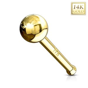 Rovný zlatý 14K piercing do nosu - lesklá hladká kulička, žluté zlato - Tloušťka piercingu: 1 mm