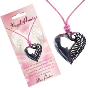 Růžový náhrdelník, stříbřité srdce s jedním křídlem