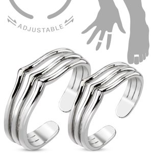 Sada prstenů na ruku nebo na nohu, stříbrná barva, tři linie se špičkou - Velikosti prstenů: 52 a 45
