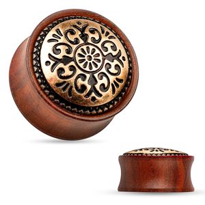 Sedlový plug do ucha ze dřeva mahagonové barvy, vyřezávaný kruh - Tloušťka : 14 mm
