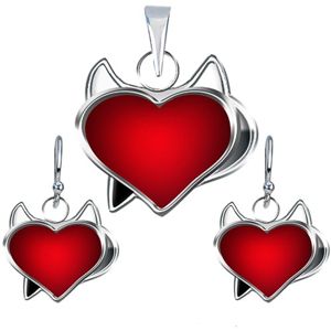Set náušnic a přívěsku ze stříbra 925 - červené srdce čertík